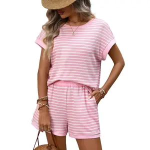 Women's 2 Piece Striped Knit Lounge Set Short Sleeve Tee and Shorts Casual Summer Loungewear
