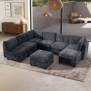 Modern 4-8 Seat Modular U-Shaped Sectional Sofa Set, Couch for Living Room, Indoor Furniture with Chaise, Hidden Storage Ottoman, Easy-Assembly Textured Fabric, Grey
