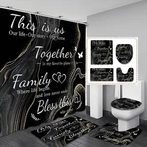 Creative Family Theme Bathroom Set, Includes Shower Curtain, Toilet Seat Cover, Bath Mat, U-Shaped Pad, Home Decor Essentials, Shower Curtain Sets