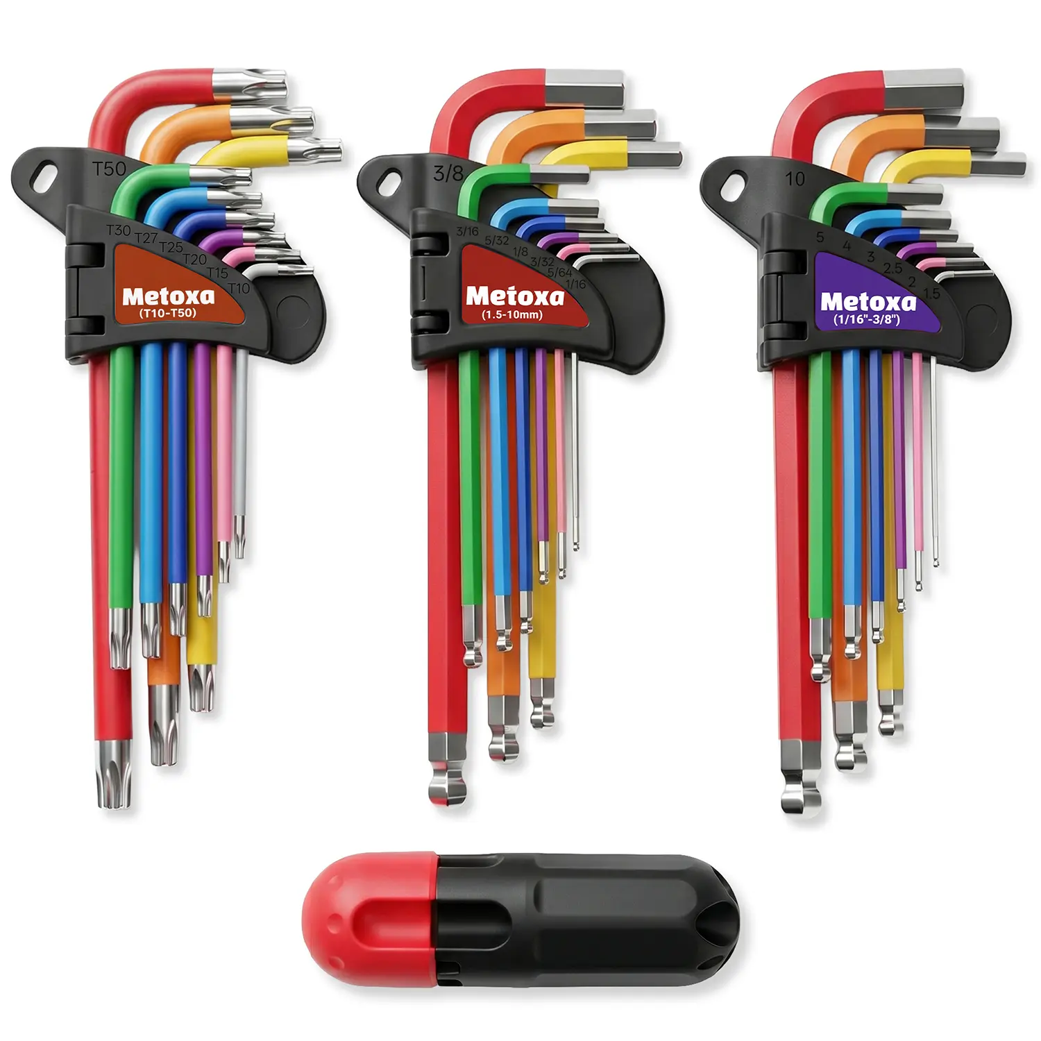 METOXA 28-Piece Color-Coded Wrench Set - Hex Key, Torx Tools, Metric/SAE, Ball End L-Shaped Wrenches, T-Handle Driver for Bike Repair, Home Maintenance, DIY Maintenance