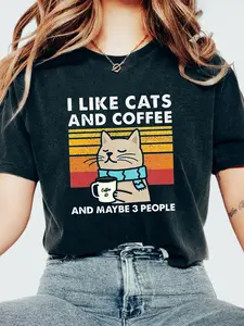 Women'S Casual "I Like Cats and Coffee" Graphic T-Shirt - Short Sleeve, Round Neck, Polyester, Lightweight, All-Season Tee with Cat and Coffee Design, Casual Wear | Playful Print | Knit Construction, Cat Lover Gifts