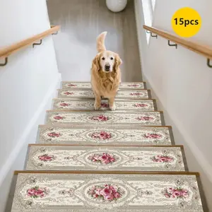 15pc European Pattern Stair Mats Non-Slip Durable Home Carpet, Rose Design Decorative Stair Treads Protection Pad