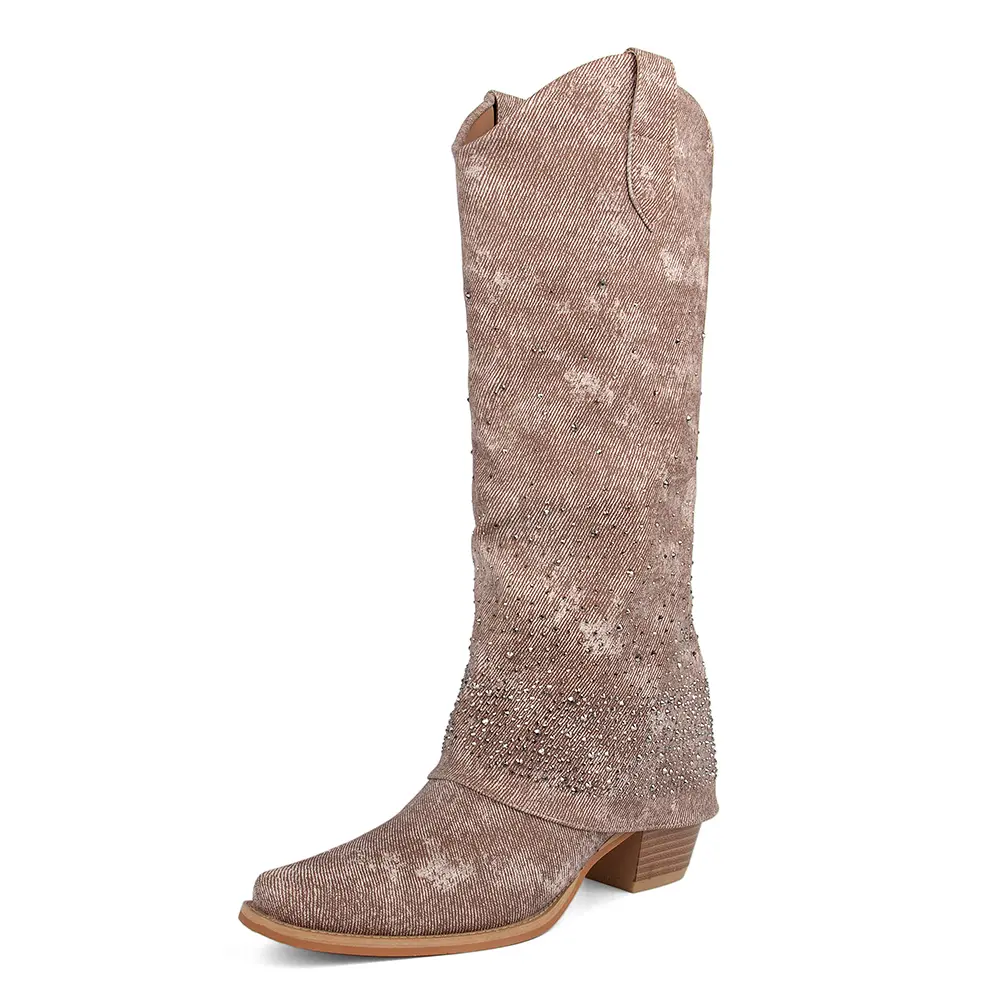 Women's Rhinestone Western Mid-Calf Booties - Denim Footwear with Fold-Over Cuff, Round Toe, Casual Wear, Country Concert & Western Events Outfits