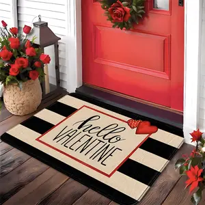 Striped Heart Faux Wool Rug, Romantic Valentine's Day Style, Classic Stripes with Heart Pattern, Durable and Stain Resistant, Decorative Rug Mat