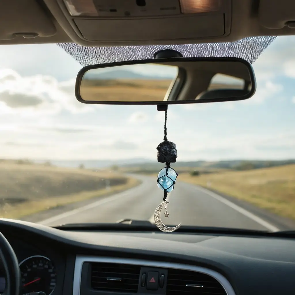 Handmade Witchcraft Car Rearview Mirror Hanging Charm - Lightweight Natural Crystal Accessory with Black Tourmaline & Celestite, Grounding Energy, Inner Peace & Emotional Clarity Cars Accessories, Crystal Lovers Gift