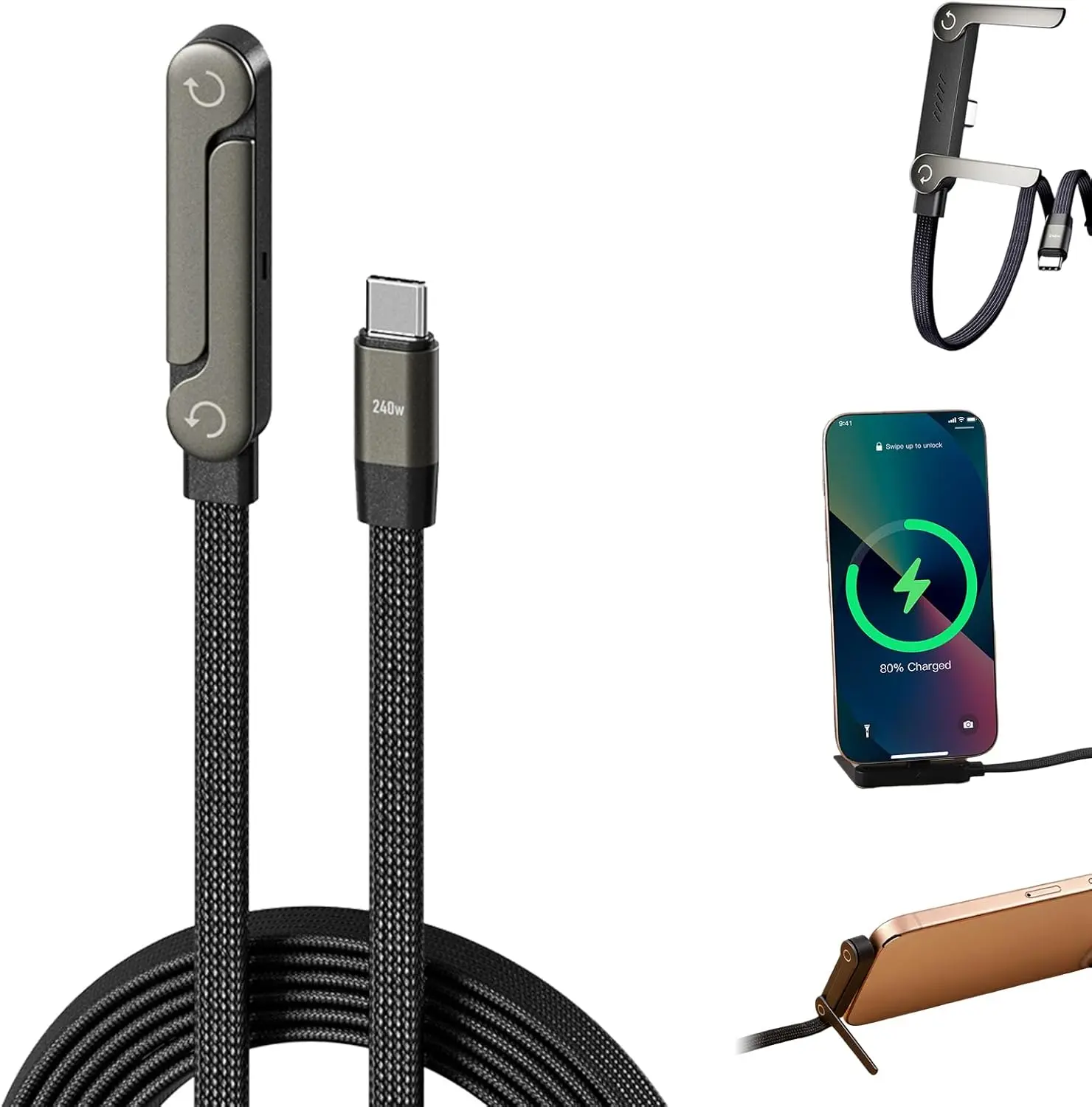 240W PD Fast Charging USB-C Cable with 180° Rotatable Foldable Phone Stand, Braided Cord for Gaming and Live Stream Hands-Free Use