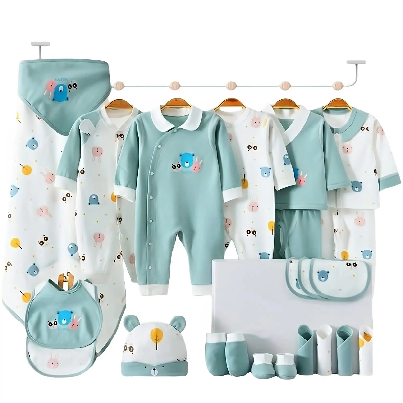 Joyshe Newborn Baby Boy Clothes Set, 26-Piece 100% Cotton Layette Essentials, 0-3 Months, Sage Green，Layette Essentials Set for Newborn Boys, 100% Cotton Long Sleeve Outfits with Animals Print, Button Bodysuits, Newborn Outfits Bamboo Onesies