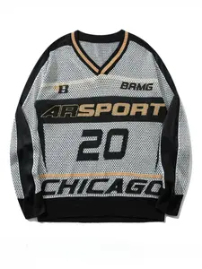 Unisex Men's Colorblock Letter & Number Print V Neck Sweater, Loose Casual Breathable Long Sleeve Jumper for Spring & Fall, Fashion Men's Knitwear for Daily Wear, Longsleeves Menswear, Casual Pullover Top