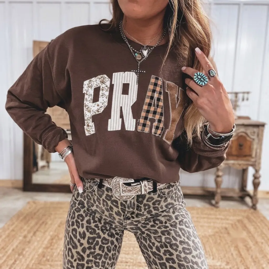 PHEFEE Women's Western Pray Graphic Crewneck Sweatshirt, Boho Patchwork Acrylic Blend Relaxed Fit Long Sleeve Pullover Tops, Machine Washable