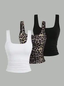 【Plus Size】 Plain & Leopard Print Scoop Neck Tank Top, Casual Sleeveless Top for Summer, Women's Clothing for Daily Wear