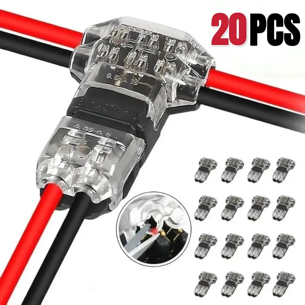 T2 Quick Connector T-Type2-Pins Wire Splice Connectors Solderless No-Stripping 3-Way for LED Strip Lights & Automotive Waterproof 20PCS