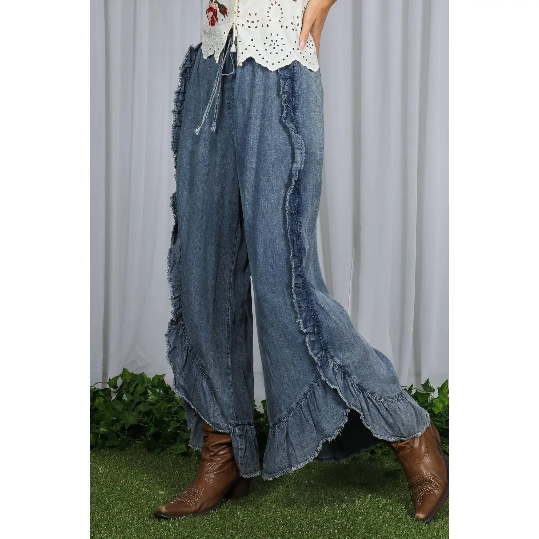 Vine & Love - Flared Ruffle Hem Washed Chambray Crop Denim Pants