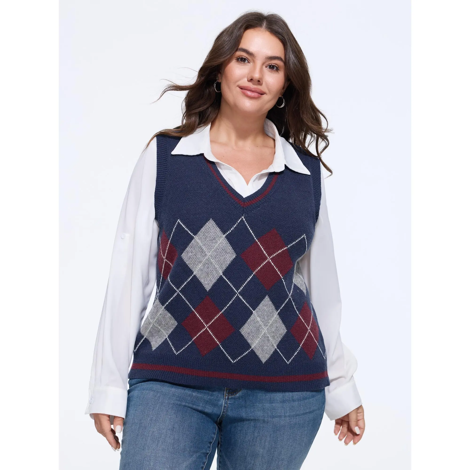 BLOOMCHIC Women's Plus Size Sleeveless Argyle Color Contrast Rayon Knit Sweater Vest - Fabric Garment with Flattering Fit, M-6X, Back To School Fall Pick