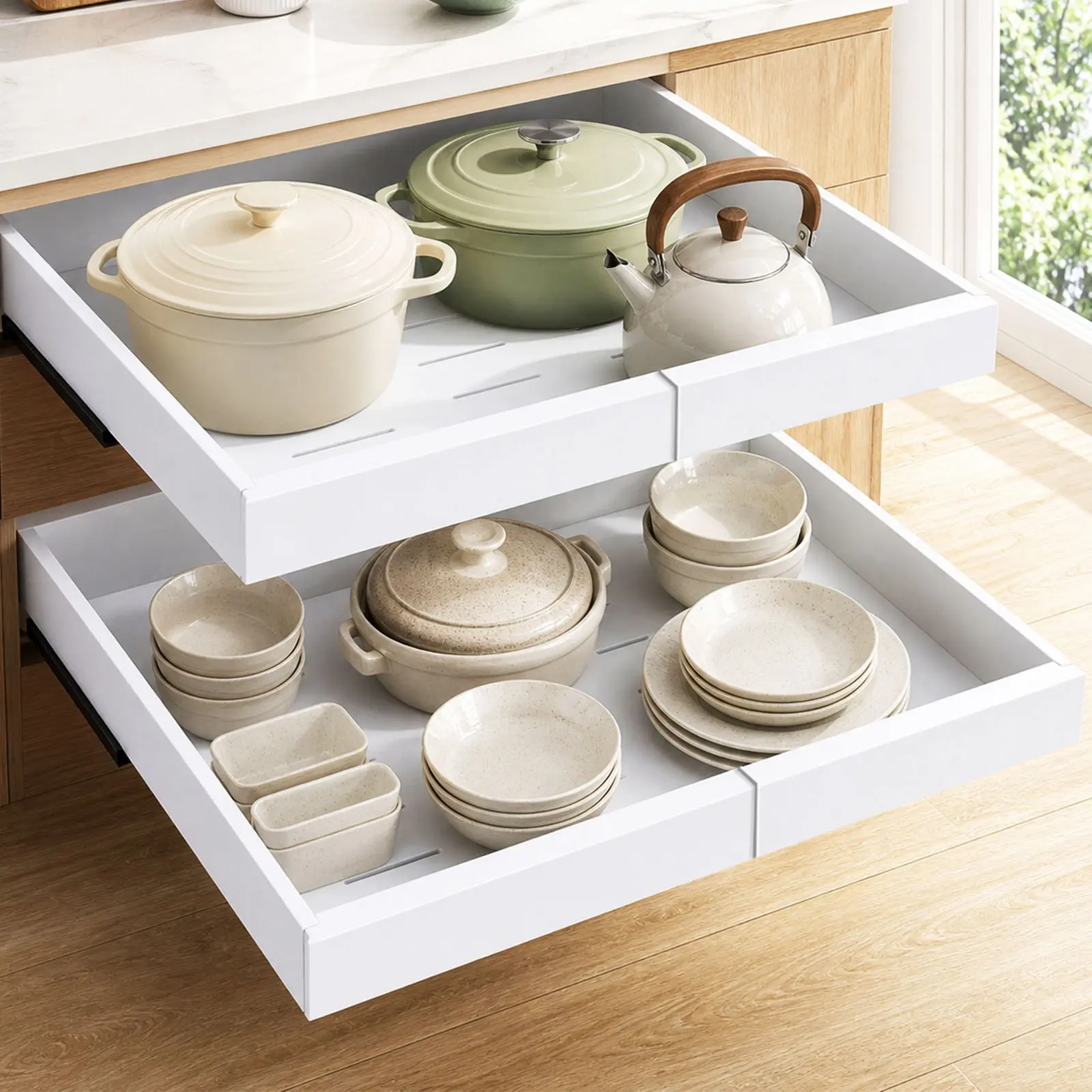 2-Pack Expandable Pull-Out Cabinet Organizer, 21" Deep Slide Out Drawer with 3 Slide Rails for Framed Kitchen Cabinets