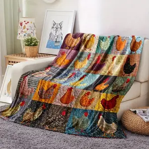 Vintage Style Colorful Chicken Patchwork Quilt, Soft Flannel Fabric, Digital Print, 250-300gsm, Ideal for Sofa, Bed, Office, Car, Camping