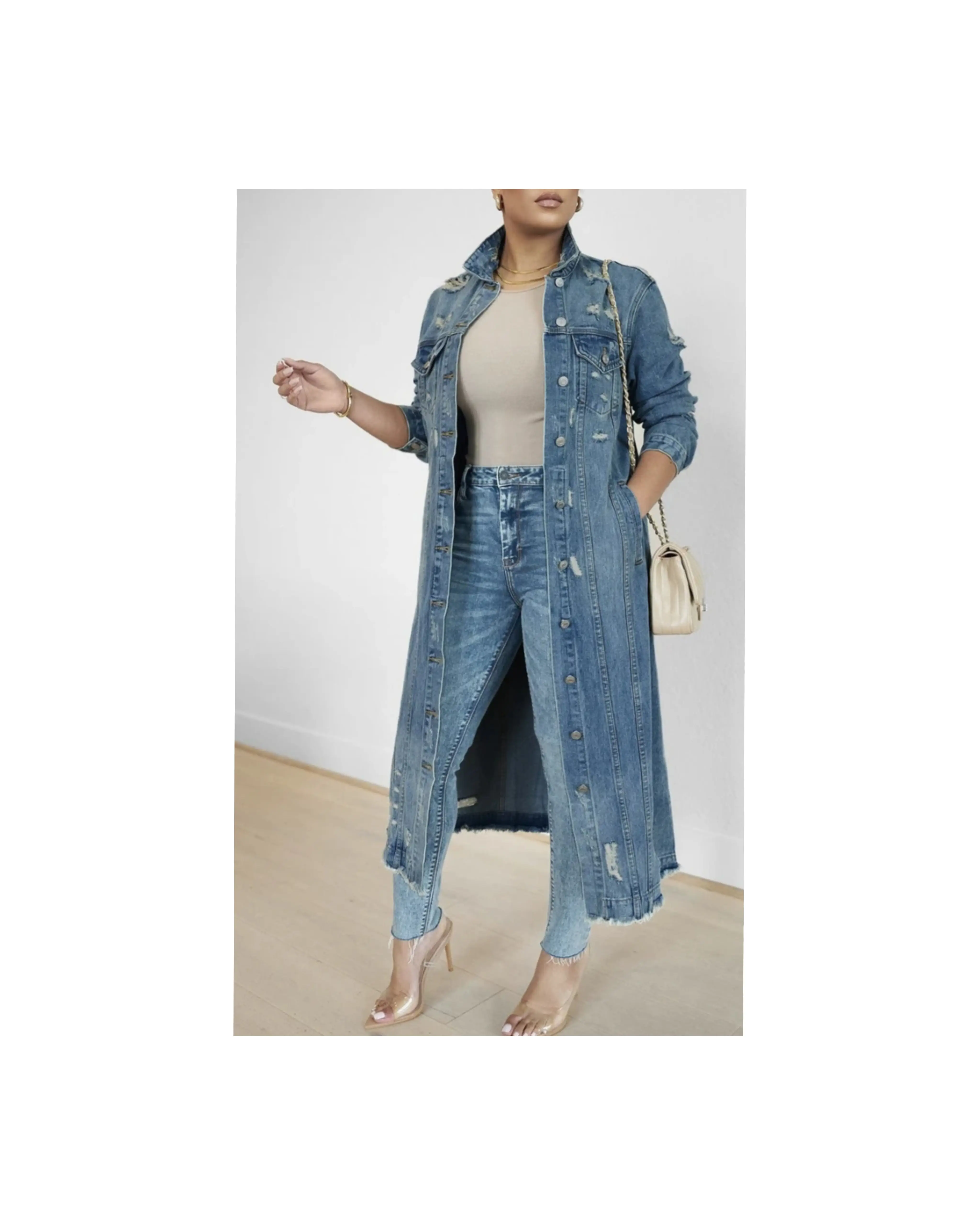 Denim Distressed Long Jacket