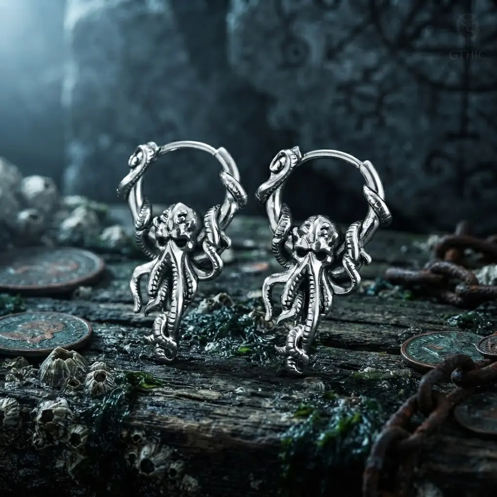 GTHIC Unisex Stainless Steel Stackable Hoop Earrings with Octopus Detail - Versatile, Eye-Catching Casual Wear Ornaments Ideal for Casual Dating, Holiday Gifting