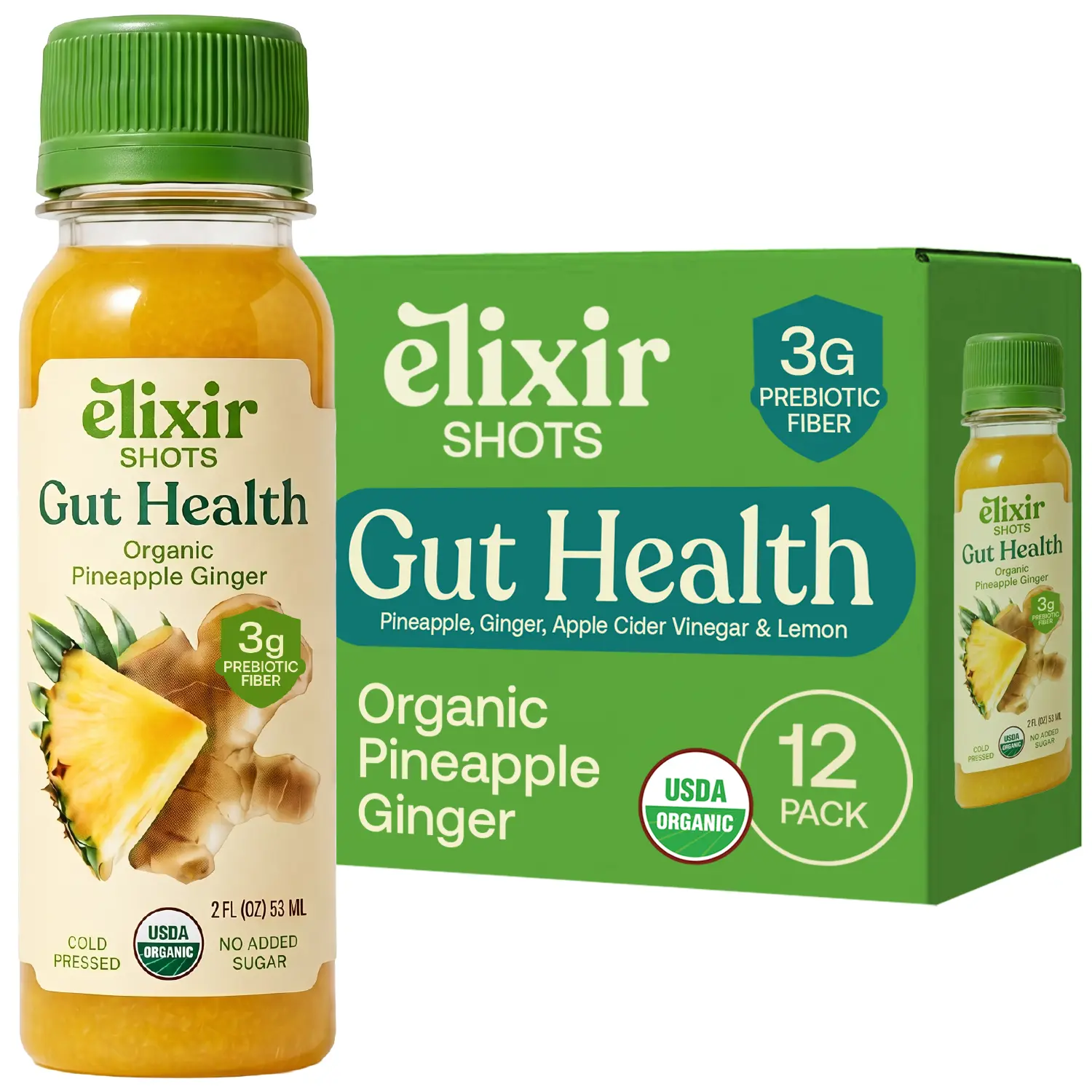 Elixir Shots Gut Health (12-pack) Cold Pressed Shots with Peruvian Ginger, Lemon, Pineapple, Apple Cider Vinegar and Chicory Root Fiber, 2 oz bottles