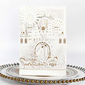 Hollow Out Gold Foil Wedding Greeting Card, Valentine Rose Invitation, Castle Style Banquet Wedding Invitation Card