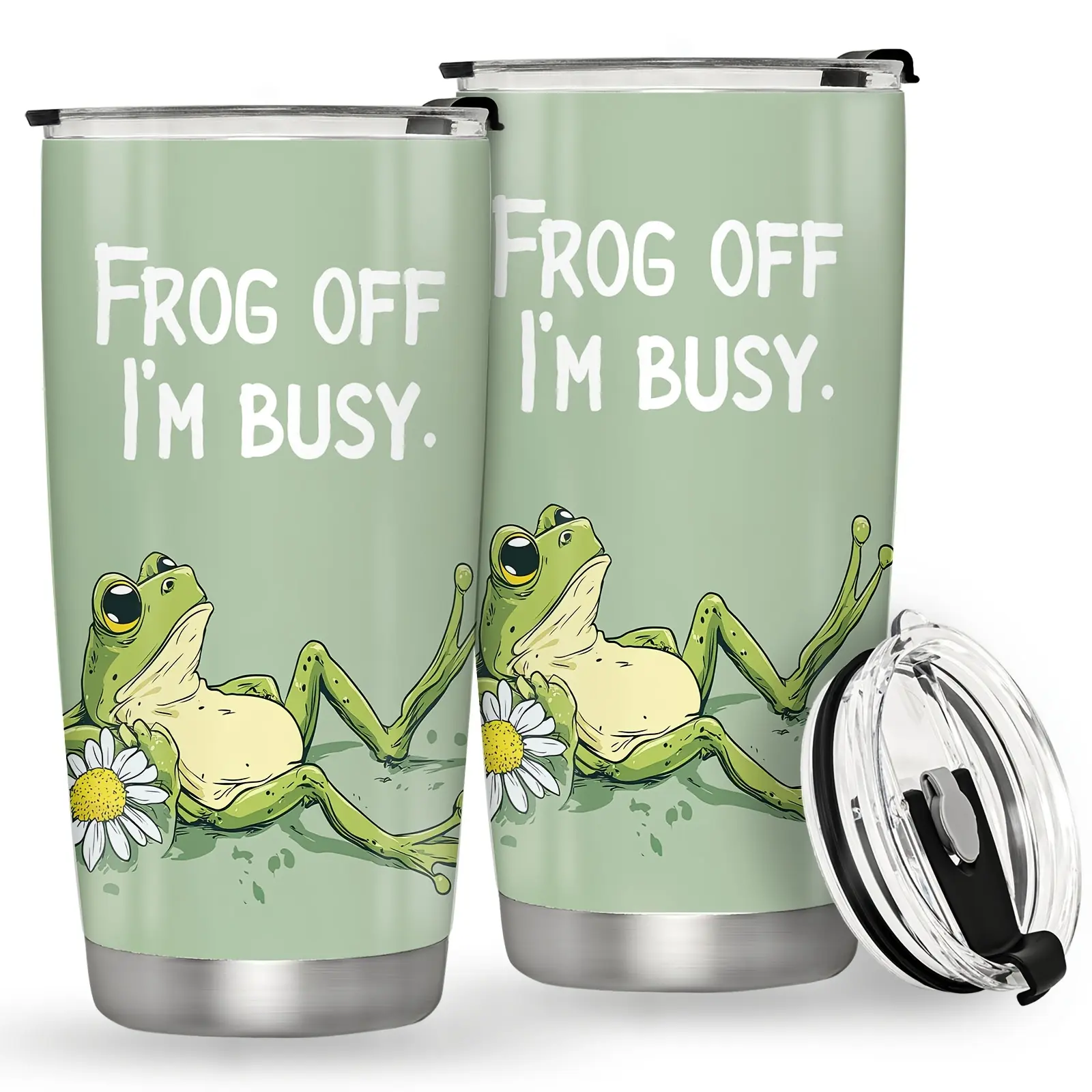 20oz Double Wall Stanley‌ Stainless Steel Heat Resistant Vacuum Flask Water Bottle Tumbler (frog-20oz, 500-1000ml) with Lid - "Frog Off I'm Busy" Humor Letters, Animal-Themed Portable Novelty Gift for Spouse, 37-48 Hours Insulation Drinkware Bottled