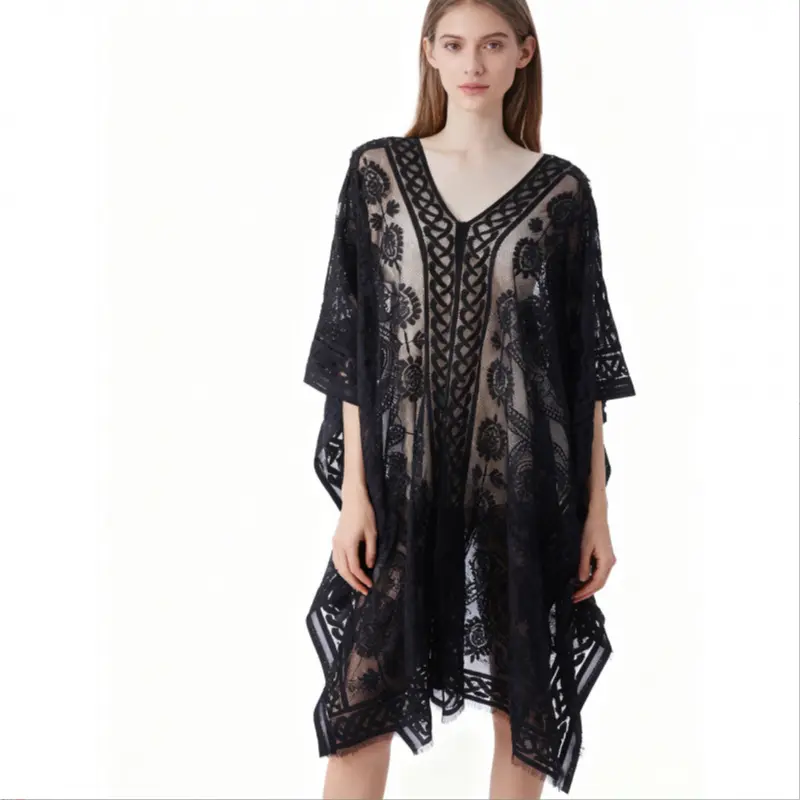 Women's All-Over Lace Sheer Hollow-Out Shawl - Multi-Functional, Elegant, Lightweight Fringed Chiffon Beach Cover Ups, Breathable Fashion Accessory, Swimsuit Coverups, Snood Bandana for Valentine's Day Gift, All-Over Lace Shawls