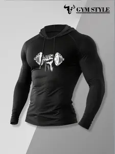 Men's Gym Compression Hoodie Long Sleeve Workout Shirt Dumbbell Graphic Print, Quick Dry Athletic Hooded T-Shirt for Bodybuilding, Running, Training & Casual Wear