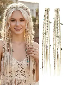 20 Inch Boho Dreadlock Clip-In Braids, Boho Braiding Hair, 2 Pcs Handmade Synthetic Braid Hair Extensions, Beads and Charms, Fashion Accessories for Women
