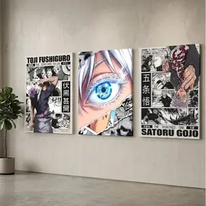 Jujutsu Kaisen Canvas Wall Art: Gojo Six Eyes & Toji Fushiguro 3-Piece Set, Eco-Friendly High-Definition Print, Black Wood Framed ,Wood Framed or Unframe Poster Options for Home Decor