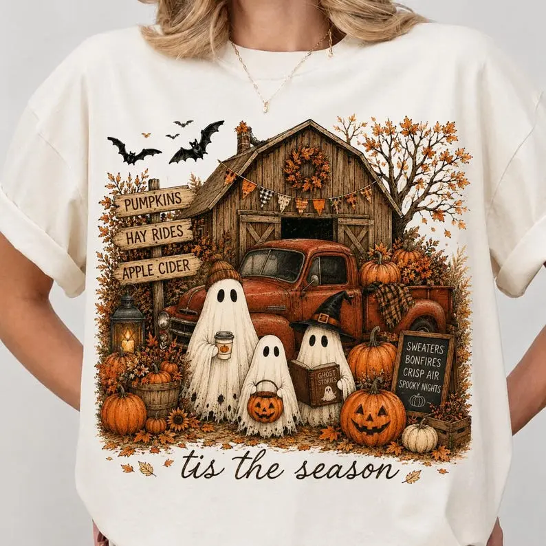 Tis The Season Ghost Graphic Tee | Pumpkin Patch Halloween T-Shirt | Farmhouse Fall Unisex Cotton Shirt | Checkered Floral Ghosts Autumn Top | Spooky Gift