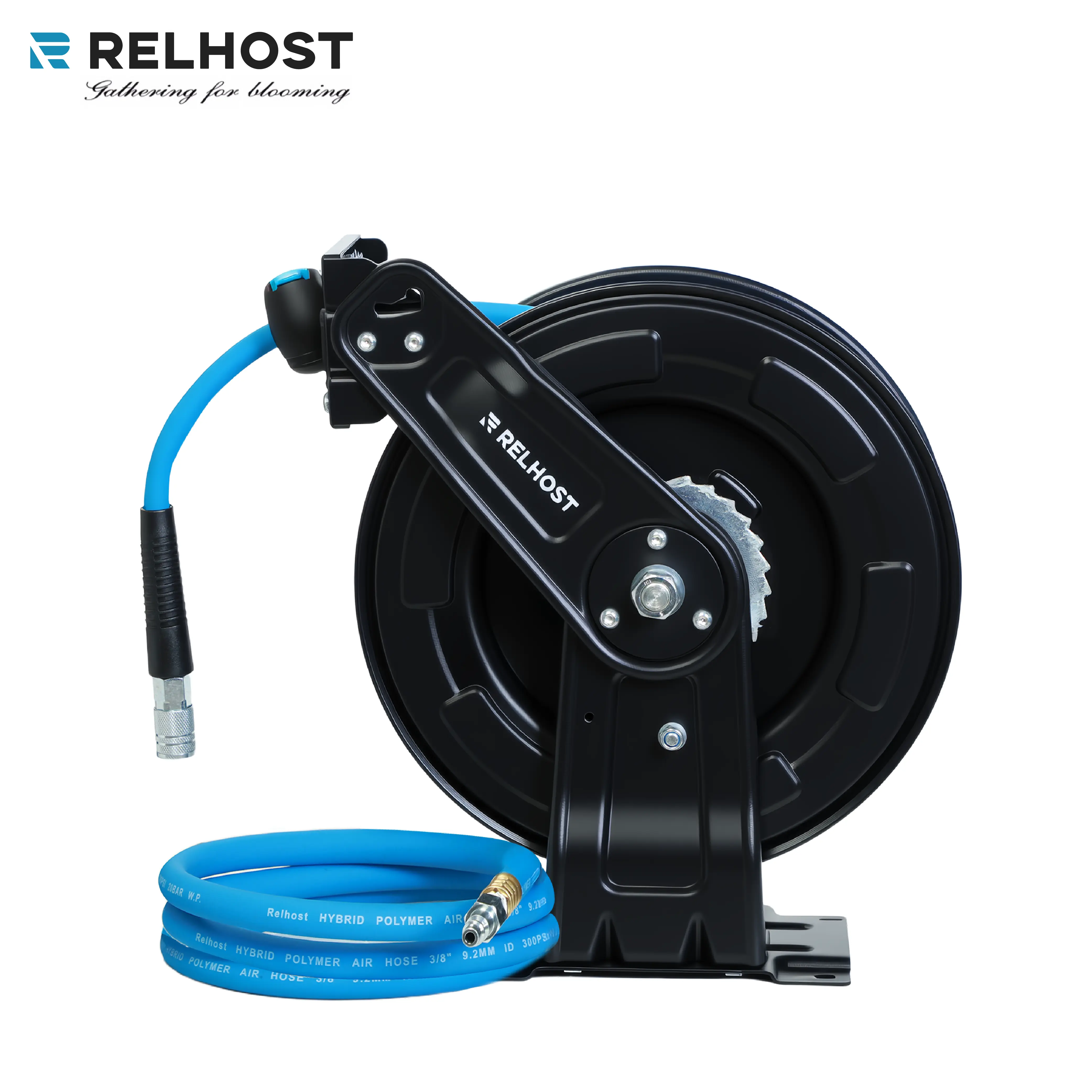 Premium Retractable Air Hose Reel With Dual Arm，Auto Rewind 300PSI ，65ft 50ft x 3/8in ，Ceiling/Wall Mount Enclosed Air Reel, 180° Swivel Mount