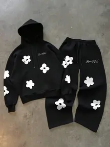 Men's Hooded Sweatshirt & Drawstring Pants Set, Floral Print Hoodie, Streetwear Two-Piece, Long Sleeve Fitted Set, Outfit