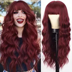 Vigorous Beauty Wig with Bangs Long Wavy Wig with 26 Inches Natural Curly Synthetic Resistant Fiber wigs for Beginners Daily Party Use