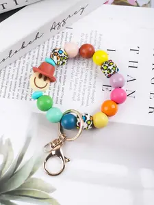 Preppy Beaded Key Ring Bracelet, Smiley Face Charm Wrist Keychain, Leopard Cow Zebra Print Beads, Fashion Bag Charm, Birthday Gift