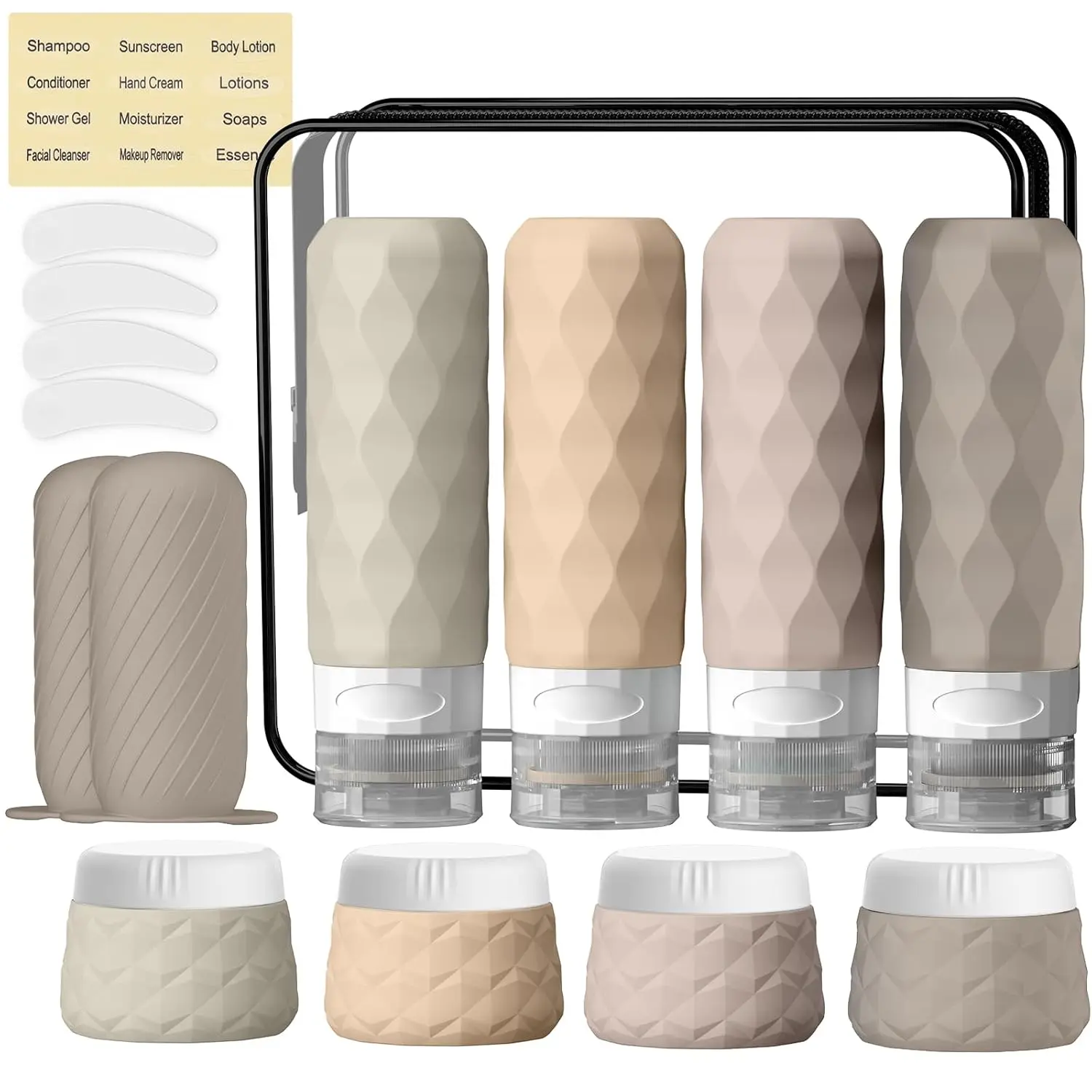 16-Pack Home Supplies Travel Size TSA-Approved Leak-Proof Refillable Transparent Plastic Canister Set - Scrubs, Jars, Elastic Sleeves, Zipper Cream Bag, Modern Accessories, Coconut-Scented for Daily Body Lotion & Hand Cream Storage