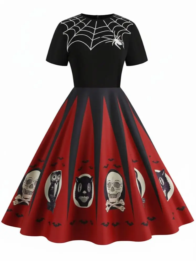 Red 1950s Halloween Spider Web Print Patchwork Dress