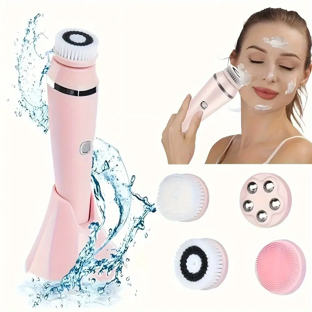Rechargeable Electric Facial Cleansing Brush, Face Scrubber, 3-Speed Adjustable, Deep Cleaning, Exfoliating, Face Massage, 4 Replacement Heads, Unisex, Facial Cleansing Instrument, Facial Cleansing Tool