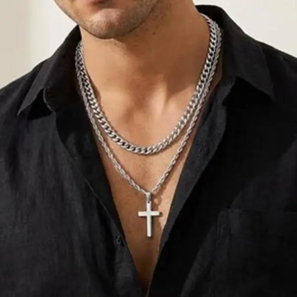 2pcs/set Cross Necklace for Men, Double Chain Stainless Steel Cross Pendant, Cuban Link Rope Chain Hip Hop Clavicle Necklace, Stackable Jewelry, Stylish Cool Chain
