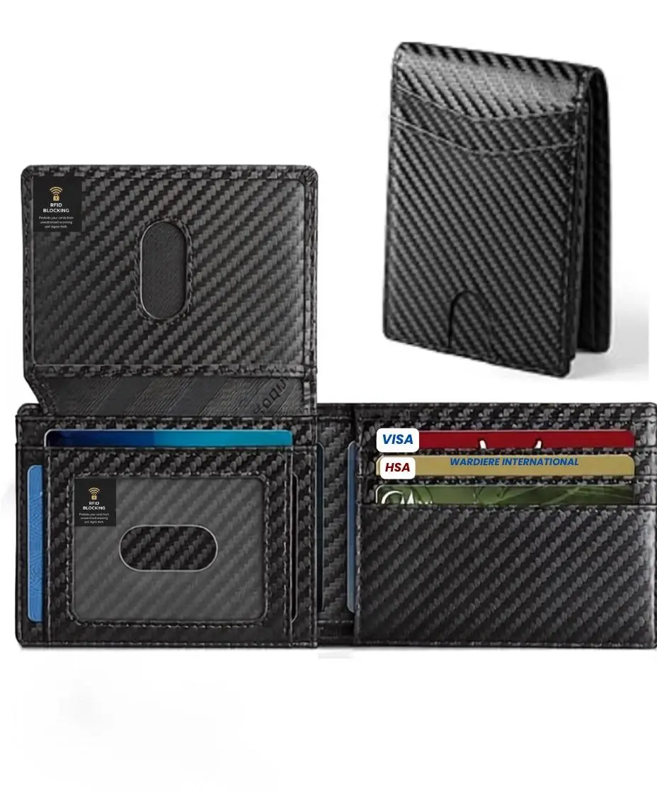 2 Pack Men’s Slim Bifold Wallet, Carbon Fiber Style RFID Blocking Wallet with ID Window & Multiple Card Slots, Lightweight Credit Card Holder for Men