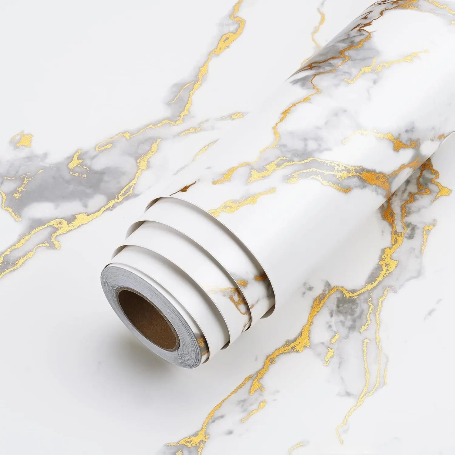 White & Gold Marble Pattern Decorative Wallpaper Roll - Renter-Friendly, Waterproof Matte Peel-and-Stick Vinyl Contact Paper with Flexible Grid (15.8"x80"), Waterproof Wipe for Kitchen Countertops, Marble Backsplash, Room Decor