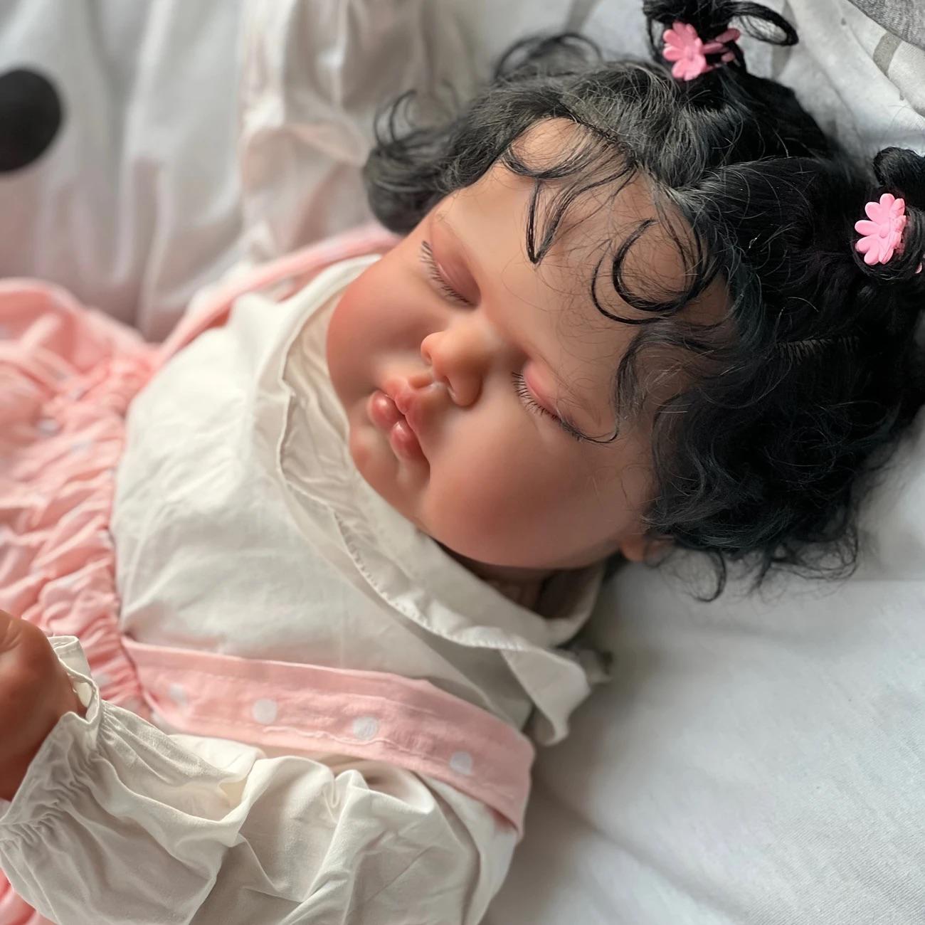 Reborn Baby Doll 19 Inch Afro Newborn Babydolls Lifelike Soft Cloth Body Cuddy Face Rooted Curly Black Hair with Feeding Set Birthday Gift For Kids 3+