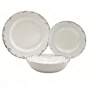 Vintage Melamine Dinnerware Sets, 3 Piece Lightweight and Unbreakable Outdoor Plates and Bowls Set, RV Dishes Set, Chip Resistant Kitchen Plate Set for Indoor and Outdoor Use, White