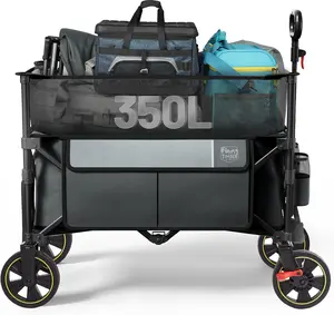 350L Extra Large Collapsible Folding Wagon Carts with Brake, Heavy Duty Outdoor Camping Utility Wagons with Extended Height, Adjustable Handle, Cup Holders, Side Bag
