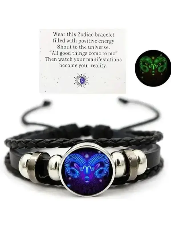Serelune Jewelry S Zodiac Signs Spirit Bracelet - Adjustable 12 Constellation Black Leather Wrap Bracelet for Women Men with Positive Energy Glow-in-the-Dark Design