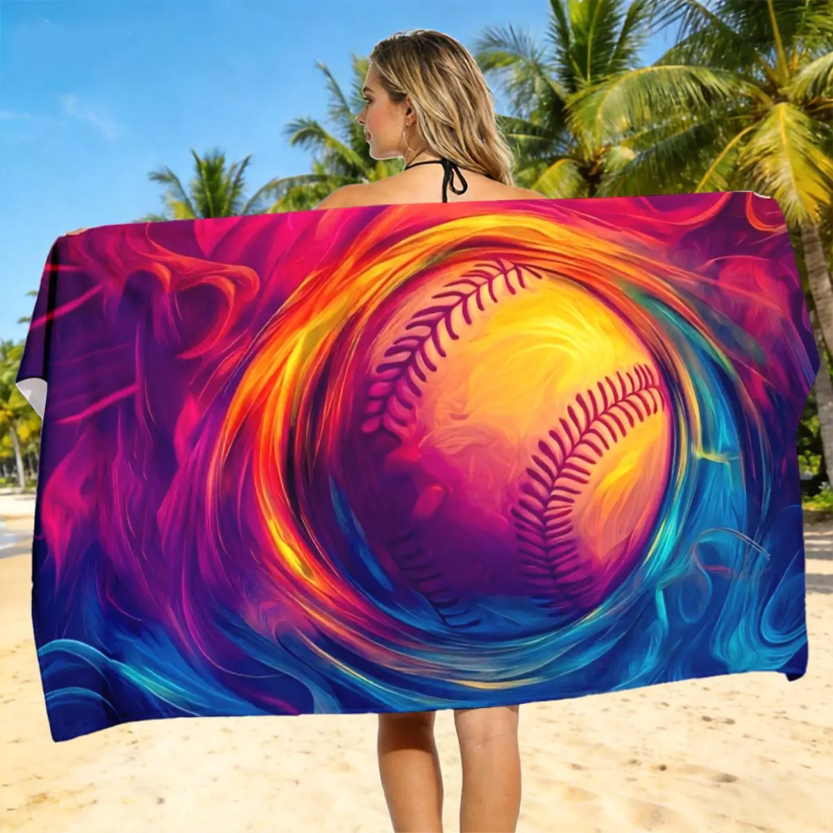 1pc with Colorful Baseball-Themed Soft Quick Dry Polyester Beach Towel Unisex for Men Women Portable Lightweight Absorbent Ideal for Beach Camping Swimming Diving Surfing Travel Must Have Easter Gift Summer Gift Birthday Gift
