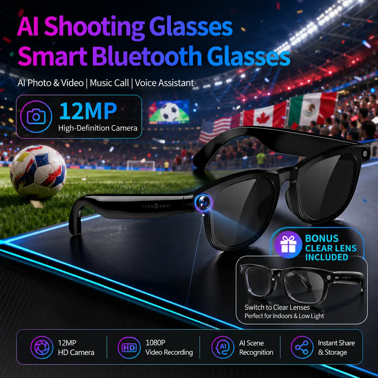 Multifunctional Wearable Smart Glasses with Camera - 12MP AI Integrated, OpenAI Recognition, 1080P Anti-Shake Recording, Wireless Translation, Long Battery Use, Unisex Adult Modern Design,back to school,back to school haul