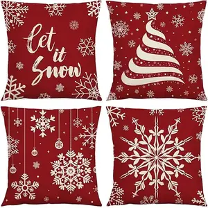 Christmas Throw Pillow Covers 18 x 18 Inch Set of 4 Holiday Decorations Winter Decorative Cotton Linen Fabric Pillowcase for Christmas Home Sofa Couch Décor
