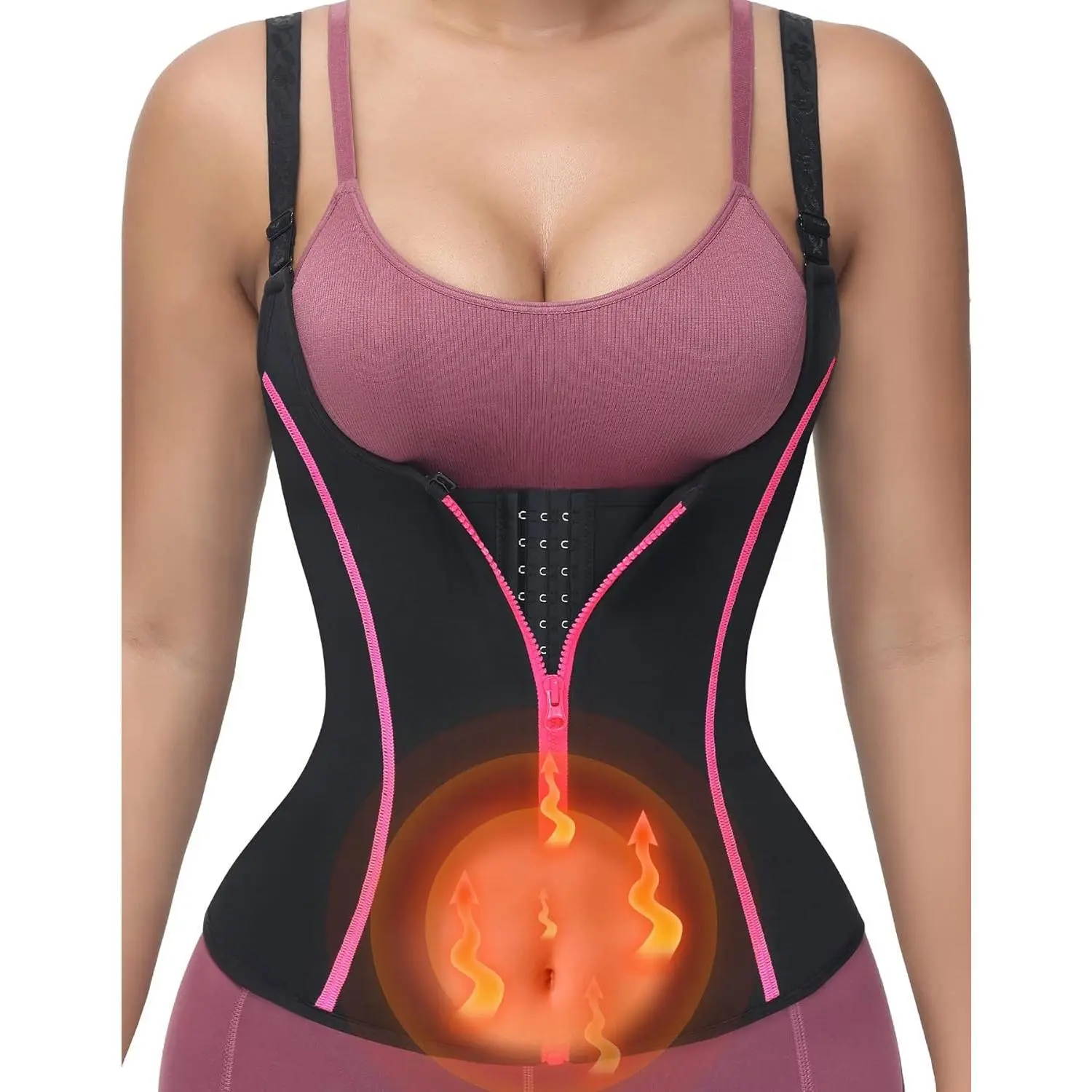 Women's Sauna Vest Compression Waist Trainer, Basic Black Abdominal Workout Shapewear Top with Front Zipper and Adjustable Straps, Women's Clothes, Black-Adjustable Shoulder Straps, Waist Training, Body Contouring, Zippered Front, Lady, Sweat Waist Traine