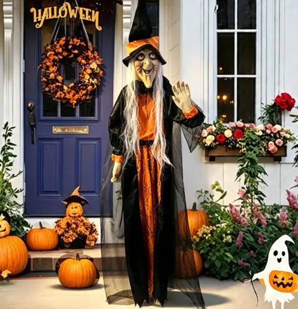 Retro Spooky Life Size Waving Witch Halloween Prop - Lightweight Large Scary Standing Figurine with Black-Orange Robe, Hand Decor for Outdoor Front Porch Haunted House Party