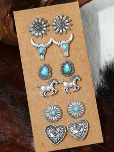 12-Piece Metal Vintage Western Cowboy Jewelry Set, Earring Stacking Set, Floral, Turquoise, Bull, Horse, Heart Patterns, Heart Stud Earrings, Ear Studs, Beach Party Accessories