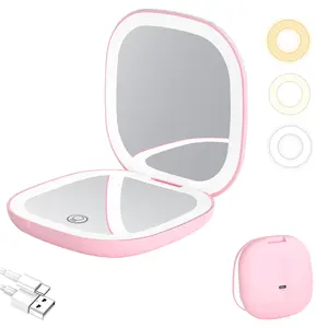 Compact LED Travel Makeup Mirror - 4 Inches 1X/10X Magnification Travel Mirror with with 3 Light Colors Dimmable Double Sides Lighted USB Rechargeable Compact Mirror for Purse,Pocket,Travel